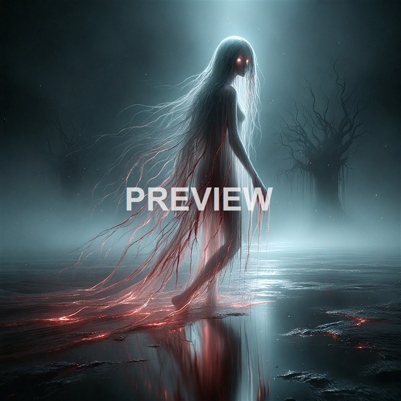 A haunting, supernatural female figure with glowing eyes, long flowing hair, and root-like tendrils extending from her body, standing in a dark, misty landscape with a barren tree in the background.